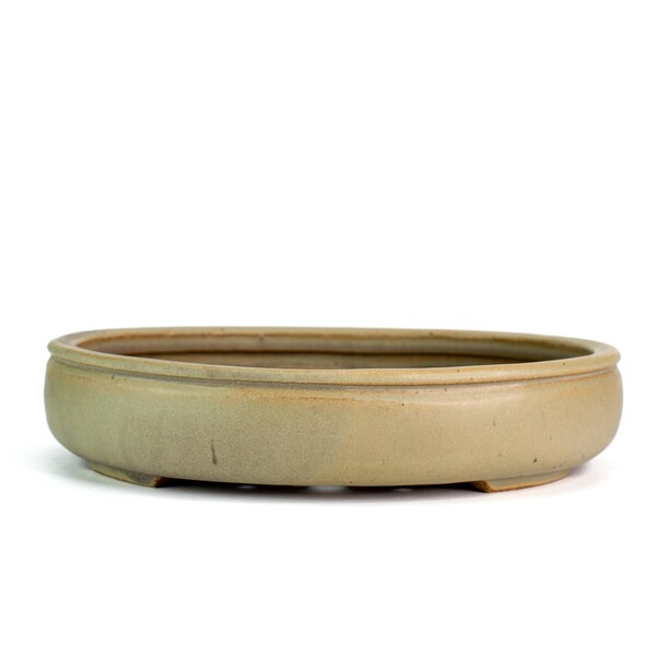 May include: A light beige, oval-shaped bonsai pot. The ceramic pot has a low profile with a slightly raised rim and a flat base. The exterior has a textured, matte finish. The pot is designed for planting small trees.