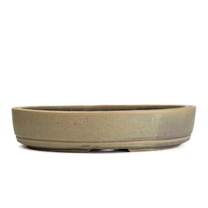 May include: A shallow, oval-shaped ceramic bonsai pot with a matte, earthy olive-green glaze. The container features a smooth, slightly tapered exterior wall with a subtle horizontal ridge near the base and a wide, open top for planting.