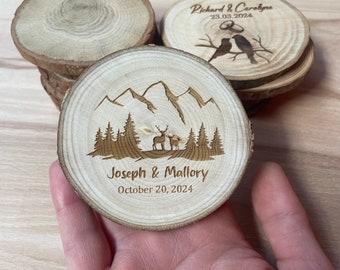 Custom Wood Slice Wedding Favors - Laser Engraved with Couple's Names, Wedding Date, Guest Name, & Leaf Border