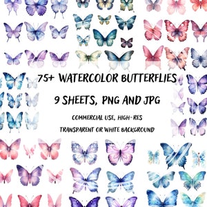 Set di clipart di farfalle acquerellate, adesivi digitali colorati di alta qualità stampabili, bundle di grafica con sfondo trasparente