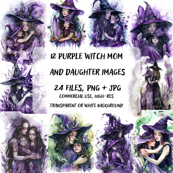 Purple Witch Mom and Daughter image bundle, Fantasy clipart set for Mother's Day, Magical digital art, cute whimsical design