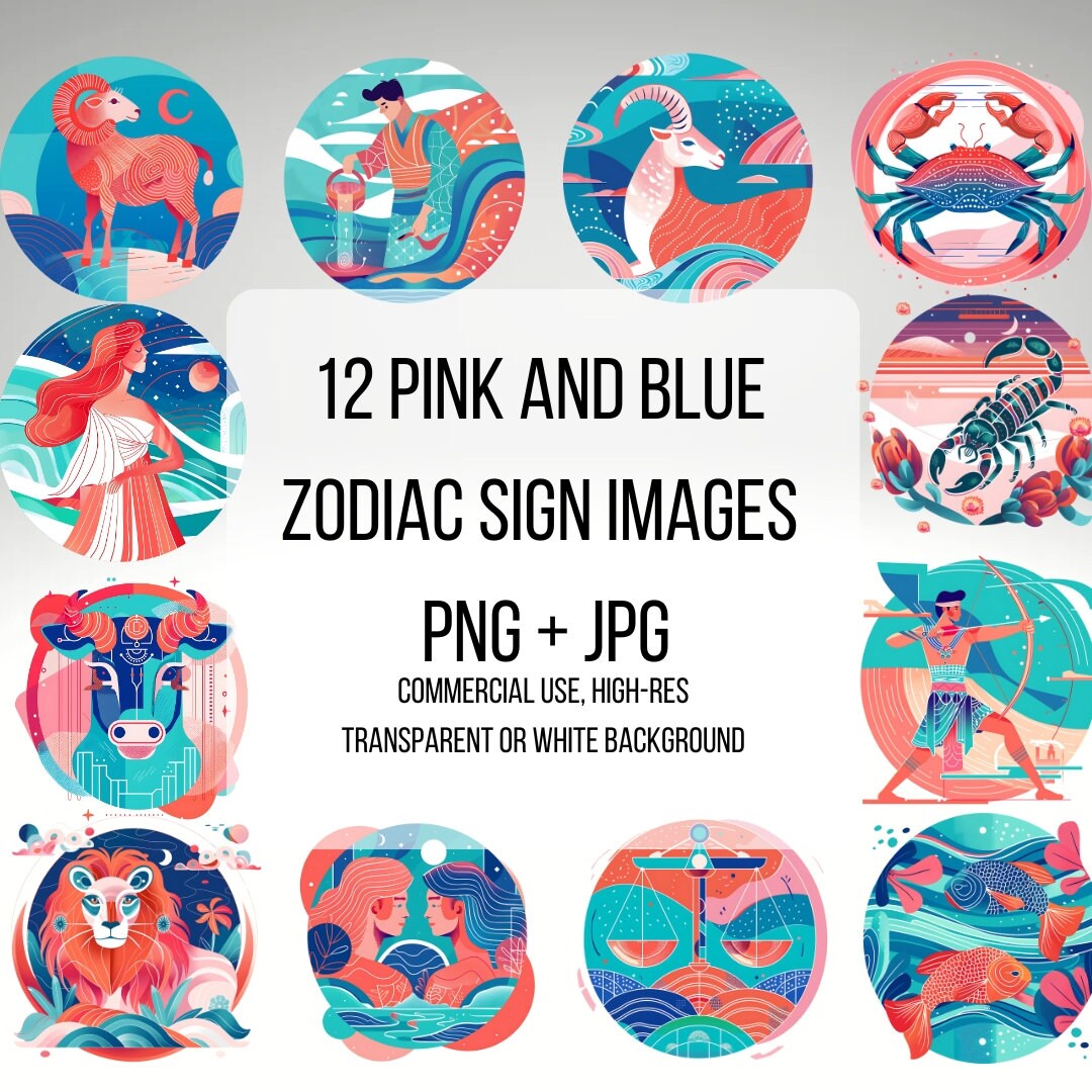 Zodiac Sign Clipart Bundle: Modern Horoscope PNG Graphics (digital ...
