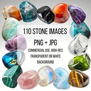 Paquete de imágenes prediseñadas de piedras preciosas, conjunto de imágenes de piedras pulidas realistas, ilustración digital de cristales, archivos PNG con fondo transparente
