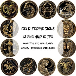 Gold Sternzeichen Clipart Bundle, digitales Horoskop Png und Jpg-Dateien für kommerzielle Nutzung, astrologische druckbare Junk Journal Set