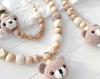 Bär | Set/Einzeln| Kinderwagenkette | Schnullerkette| Babyschalen Anhänger | mit Namen | Mädchen | Junge| Geschenk| Amigurumi |braun