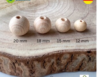 Holzperlen 12 15 18 20 mm unbehandelt aus Buche Basteln Makramee Fädelperle Rohperle Für Herstellung von Schnullerkette Kinderwagenkette