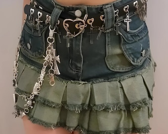 Gothic Cross Denim Mini Skirt: Y2K Punk Rave Skirt