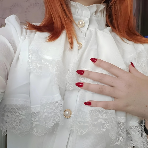 Women's White Chiffon Lace Work Blouse with Ruffles - Victorian Gothic Pirate Poet Costume for Cosplay, LARP, Musketeer Corsair Tops