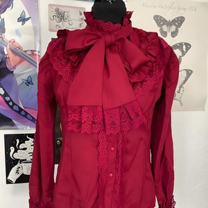 Bluzka Ouji Top - Vintage Victorian Gothic Witch Costume Blouse - Czarny, biały, koszula Cosplay z kokardą na szyi dla kobiet - koszula ślubna, prezent dla niej