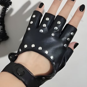 Riveted Fingerless Gloves: Black PU Leather Biker Gloves