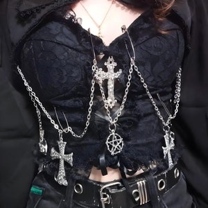 Gothic Bustier Corset Top - Black Crop Top With Cross, Alternative Grunge Shirt, Tank Top Punk Vest - E-Girl Aesthetic, Y2K Streetwear
