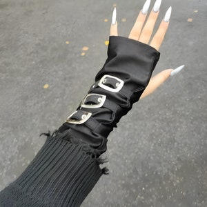 Witchy Buckle Arm Warmers: Gothic Fingerless Vegan Leather Gloves