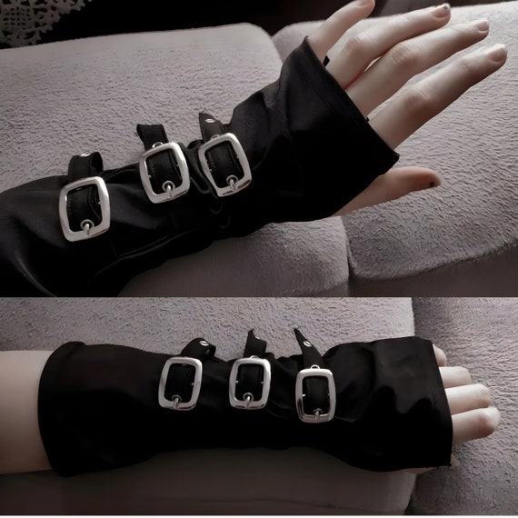 Witchy Buckle Arm Warmers: Gothic Fingerless Vegan Leather Gloves