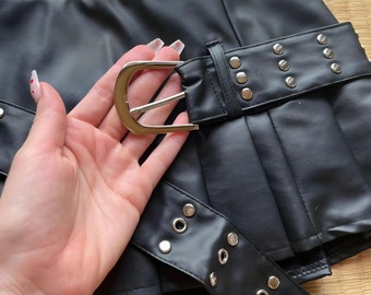 Pleated Split Mini Skirt: Gothic Punk Metal Buckle