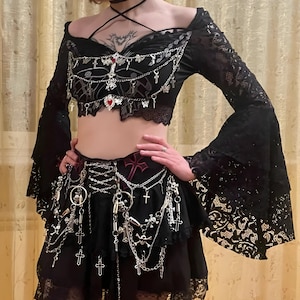 Gothic Lace Top & Skirt Set: Bell Sleeves Witch Costume