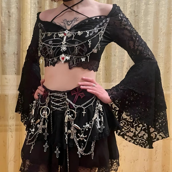 Gothic Rock & Shirt, Gothic Kleid Schwarz Emo Punk Rock, Gothic Lolita Fee Grunge Alt Mädchen Cosplay Kleidung, Lange Glockenärmel Hexenkostüm