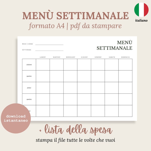 Piano alimentare settimanale da stampare / Menù settimanale e lista della spesa da stampare / Schema alimentare settimanale / Meal Planner