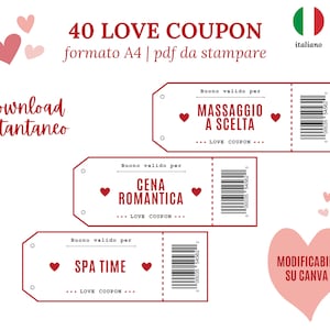 40 Coupon di Coppia modificabili su Canva, Regalo San Valentino, buoni d’amore in italiano da stampare