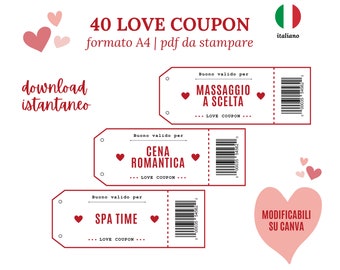 40 Coupon di Coppia modificabili su Canva, Regalo San Valentino, buoni d’amore in italiano da stampare