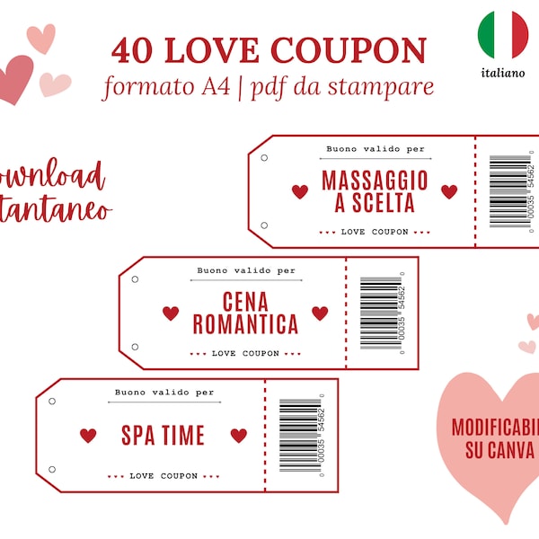 40 Coupon di Coppia modificabili su Canva, Regalo San Valentino, buoni d’amore in italiano da stampare