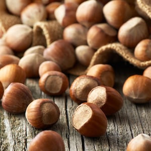 Puede incluir: Un saco de arpillera lleno de avellanas marrones se derrama sobre una superficie de madera rústica. Las avellanas están esparcidas alrededor del saco, algunas con sus cáscaras abiertas.