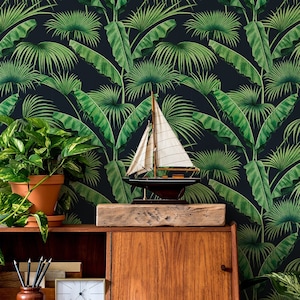 Watercolor banana and palm leaf wallpaper | Wall Decor | Home Renovation | Peel and Stick Or Non Self-Adhesive Vinyl Wallpaper