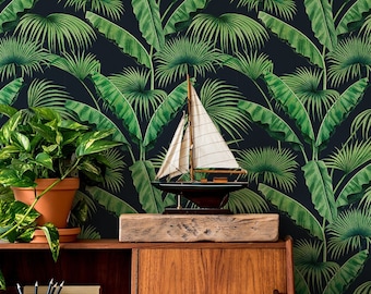 Watercolor banana and palm leaf wallpaper | Wall Decor | Home Renovation | Peel and Stick Or Non Self-Adhesive Vinyl Wallpaper