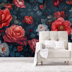 Floral Rose wallpaper, Vintage Home Decor | Home Renovation | Wall Art | Peel and Stick Or Non Self-Adhesive Vinyl Wallpaper