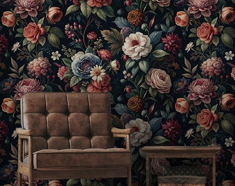 Vintage botanical wallpaper, dark floral Wall Mural | Home Renovation | Wall Art | Peel and Stick Or Non Self-Adhesive Vinyl Wallpaper