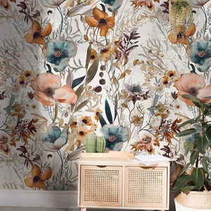 Abstrakte florale botanische Tapete | Blumenwandbild | Hausrenovierung | Wandkunst | Vinyl-Tapete zum Abziehen und Aufkleben oder nicht selbstklebend