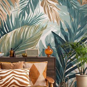 Tropical leaves wallpaper, colorful jungle | Home Decor | Home Renovation | Wall Art | Peel and Stick Or Non Self-Adhesive Vinyl Wallpaper