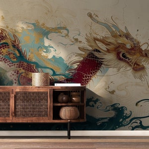 Chinesische Tapete mit Blume und Drache | Wanddekoration | Hausrenovierung | Vinyl-Tapete zum Abziehen und Aufkleben oder nicht selbstklebend