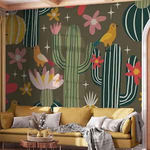 Carta da parati colorata con cactus, arte ad acquerello | Decorazioni per la casa | Ristrutturazione casa | Arte della parete | Carta da parati in vinile staccabile e incollabile o non autoadesiva