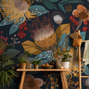 Murale botanico floreale vintage etnico scuro | Decorazione da parete | Ristrutturazione casa | Arte della parete | Carta da parati in vinile staccabile e incollabile o non autoadesiva