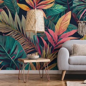 Colorful leaves wallpaper, tropical botanic | Home Decor | Home Renovation | Wall Art | Peel and Stick Or Non Self-Adhesive Vinyl Wallpaper