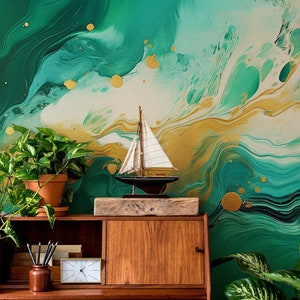 Carta da parati verde smeraldo, marmo astratto | Decorazione da parete | Ristrutturazione casa | Arte della parete | Carta da parati in vinile staccabile e incollabile o non autoadesiva