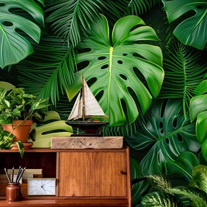Dark green wallpaper, exotic leaves Home Decor | Home Renovation | Wall Art | Peel and Stick Or Non Self-Adhesive Vinyl Wallpaper