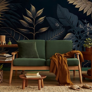 Carta da parati tropicale botanica scura non dorata | Decorazione da parete | Ristrutturazione casa | Arte della parete | Carta da parati in vinile staccabile e incollabile o non autoadesiva