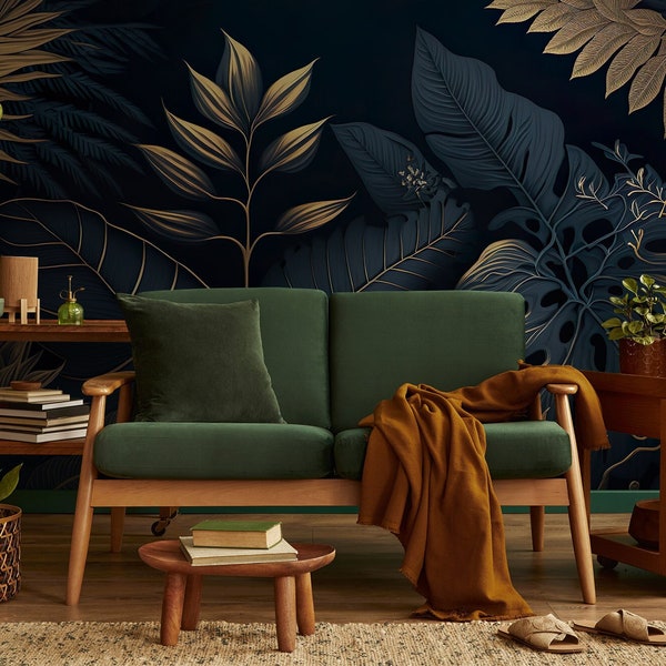 Donker botanisch niet-goud tropisch behang | Wanddecoratie | Woningrenovatie | Kunst aan de muur | Schil en plak of niet-zelfklevend vinylbehang