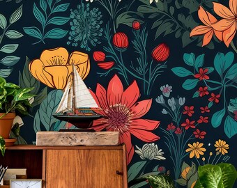 Colorful floral wallpaper vintage botanical | Home Decor | Home Renovation | Wall Art | Peel and Stick Or Non Self-Adhesive Vinyl Wallpaper
