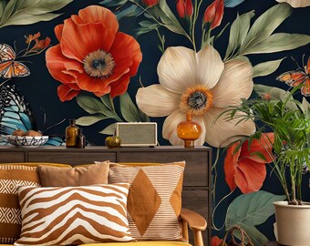 Colorful floral wallpaper, vintage botanical | Home Decor | Home Renovation | Wall Art | Peel and Stick Or Non Self-Adhesive Vinyl Wallpaper