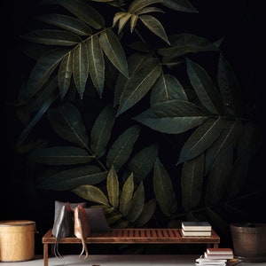Dark leaves botanical wallpaper | Home Decor | Home Renovation | Wall Art | Peel and Stick Or Non Self-Adhesive Vinyl Wallpaper