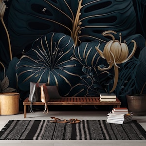 Carta da parati di lusso tropicale scura non dorata | Decorazione da parete | Ristrutturazione casa | Arte della parete | Carta da parati in vinile staccabile e incollabile o non autoadesiva