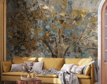 May include: A living room interior with a yellow couch, a round rug, a coffee table, and a wall mural featuring a stylized tree with blue and gold leaves.
