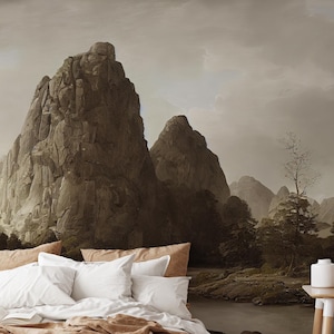 Vintage landscape wallpaper, sepia mountain | Home Decor | Home Renovation | Wall Art | Peel and Stick Or Non Self-Adhesive Vinyl Wallpaper