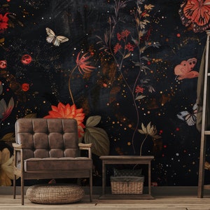 Dark watercolor floral wallpaper| Wall Decor | Home Renovation | Wall Art | Peel and Stick Or Non Self-Adhesive Vinyl Wallpaper
