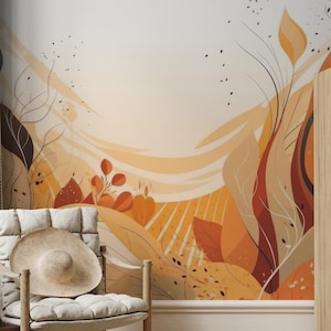 Orange autumn leaves wallpaper, vintage wall | Home Decor | Home Renovation | Wall Art | Peel and Stick Or Non Self-Adhesive Vinyl Wallpaper