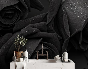 Schwarze Rosenblumentapete | Wanddekoration | Hausrenovierung | Vinyl-Tapete zum Abziehen und Aufkleben oder nicht selbstklebend