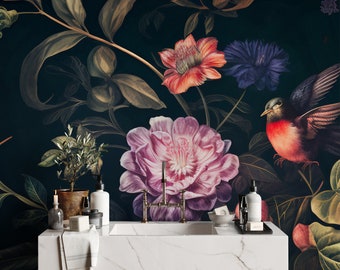 Dunkle Blumentapete mit Vögeln | Wanddekoration | Hausrenovierung | Wandkunst | Vinyl-Tapete zum Abziehen und Aufkleben oder nicht selbstklebend