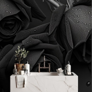 Schwarze Rosenblumentapete | Wanddekoration | Hausrenovierung | Vinyl-Tapete zum Abziehen und Aufkleben oder nicht selbstklebend